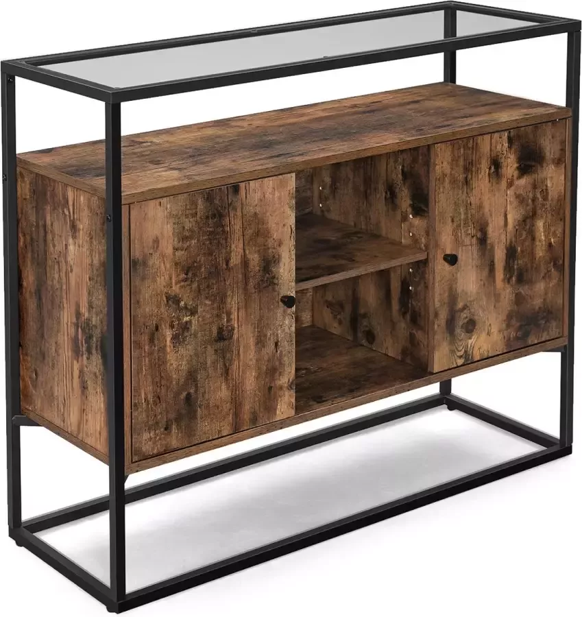 Signature Home Olddy Dressoir Opbergkast Met Gehard Glas Keukenkast met Open Vakken Donkerbruin 100 x 35 x 80 cm