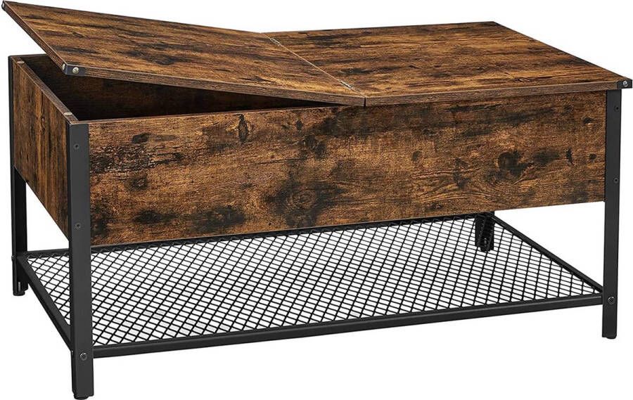 Signature Home opklapbaar salontafel met verborgen opbergruimte Tafel mesh plank voor woonkamer industrieel vintage bruin-zwart 100 x 55 x 47 cm