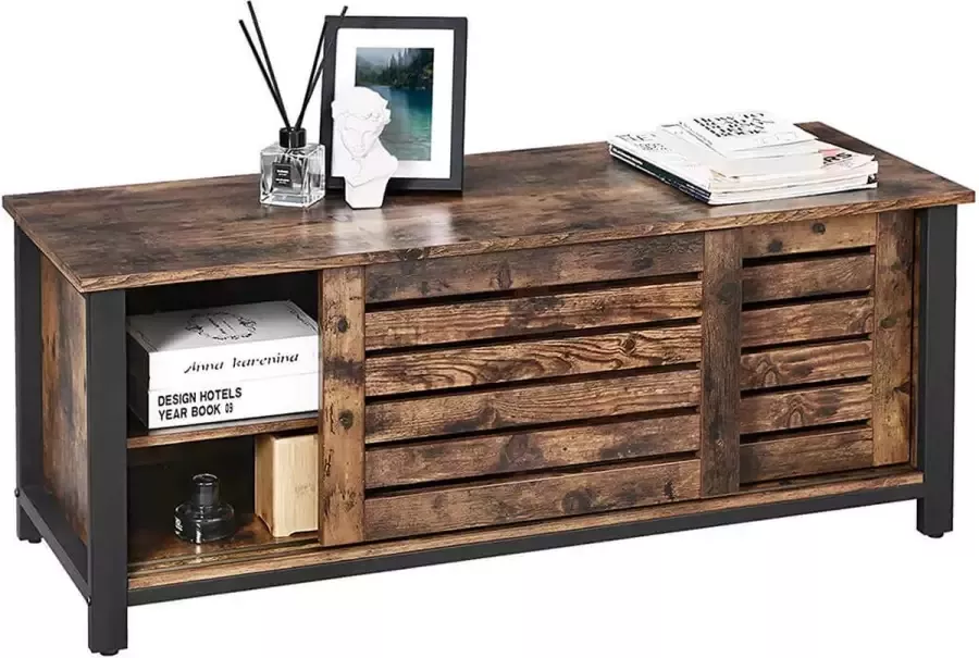 Signature Home Porto Tv-meubel voor tv's tot 48 inch tv-Kast- lowboard met schuifdeuren en 2 legplanken woonkamer hal 110 x 40 x 45 cm industrieel design vintage bruin zwart