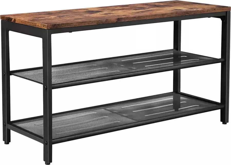 Signature Home Schoenenbank met 2 roosters planken schoenenrek met zitting schoenenrek voor de entree hal metaal industrieel design vintage donkerbruin