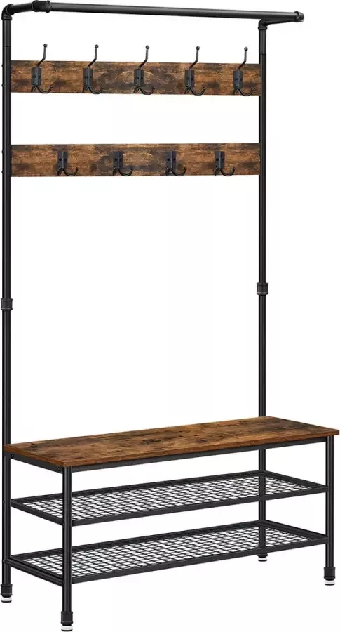 Signature Home XXL staand kapstok garderoberek kapstok met schoenenrek 9 Haken Industrieel Bruin-Zwart 100 x 41 5 x 182 cm