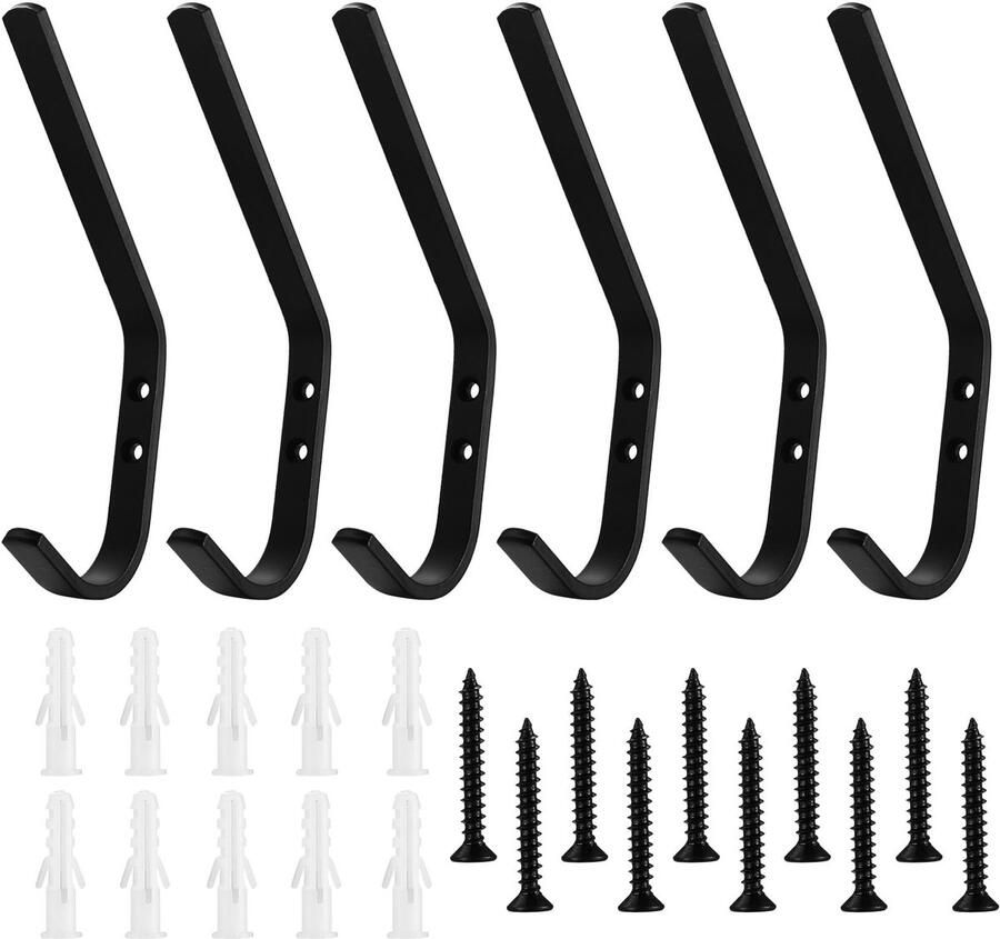 SiGuLiKeJi 6 stuks kapstokhaken jashaken zwart enkel grote metalen wandhaken om te schroeven zwart voor kapstok hoed metalen jashaak keuken badkamer woonkamer slaapkamer