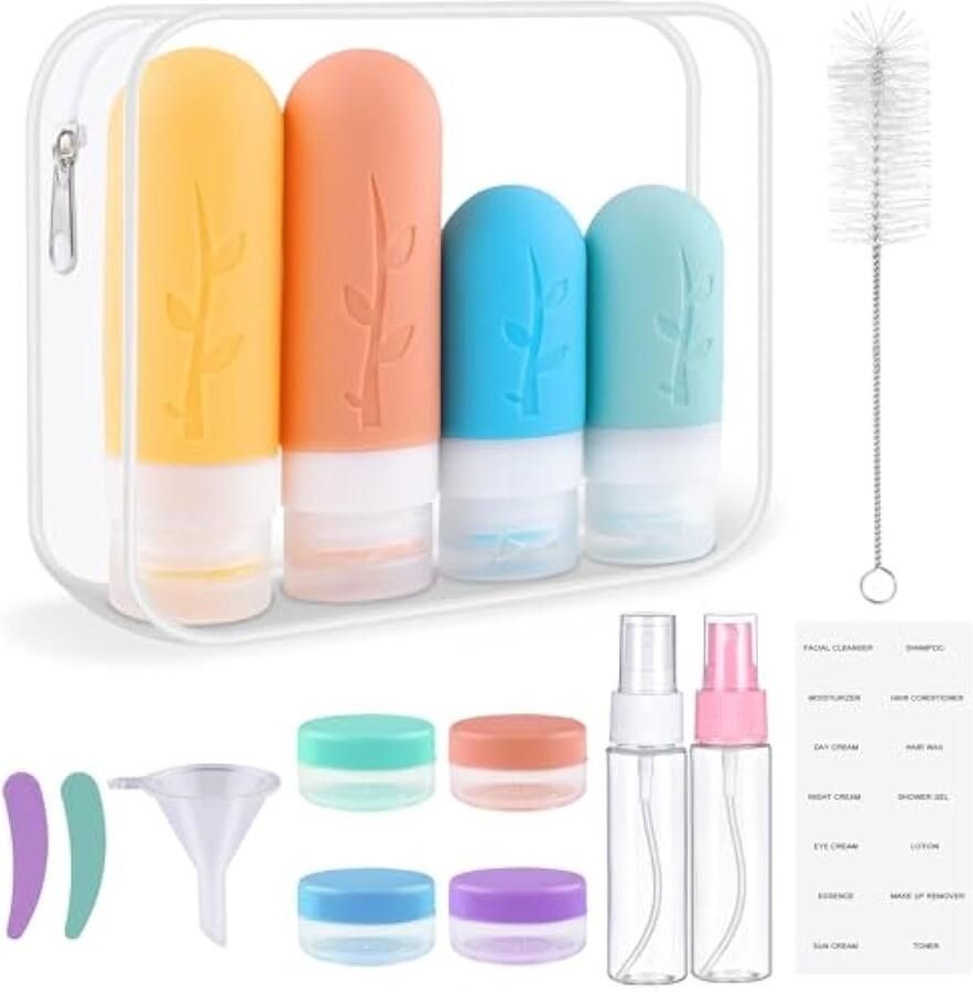 Siliconen reisflessen 16-delig reisaccessoires complete set met containers voor shampoo lotion en cosmetica cabinevliegtuig (kleur)