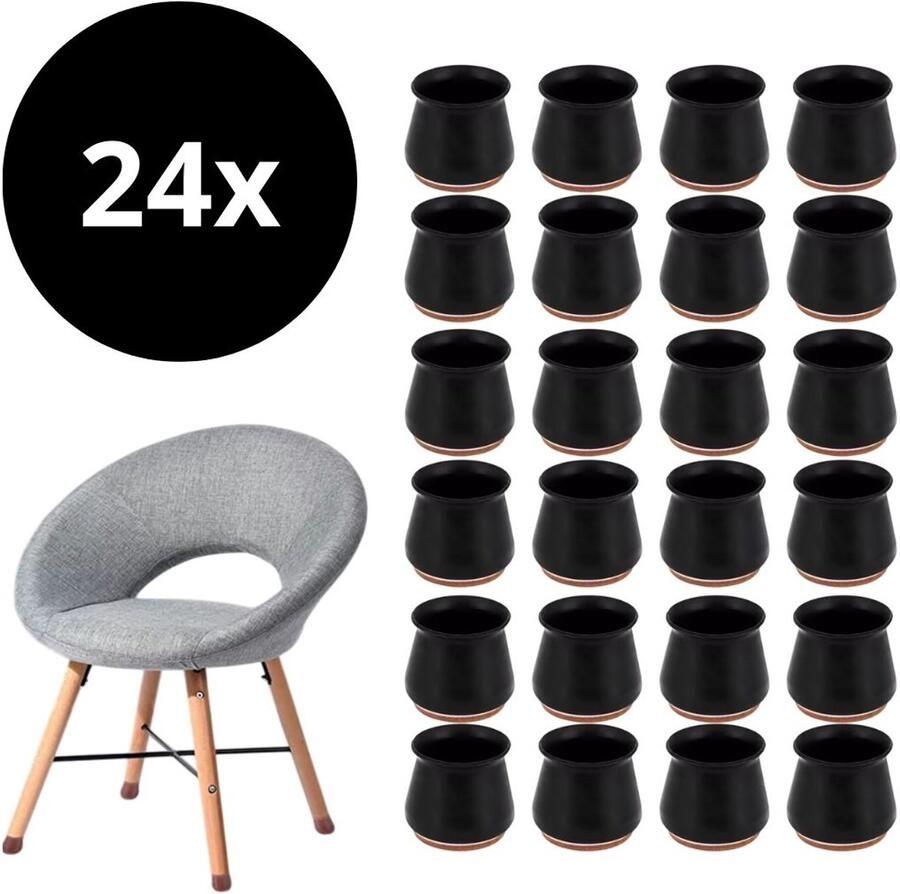 Siliconen Stoelbeschermers Zwart ø 24-30mm Set van 24 stuks Flexibele stoelpootdoppen met vilt