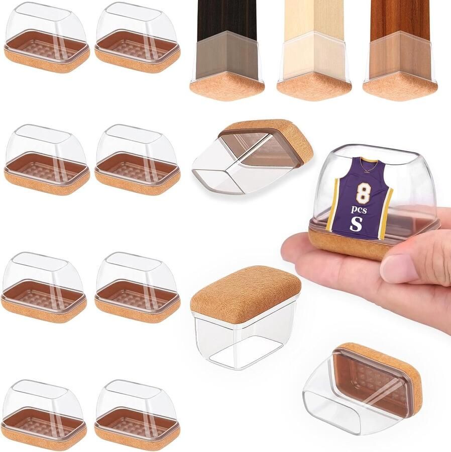Siliconen stoelpootdoppen voor hardhouten vloeren 8 stuks rechthoekige stoelpootbescherming met vilt heldere buitenterrasvloeren schroot krasbestendig breedte 16-22 mm lengte 32-42 mm