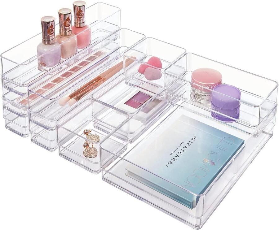 SimpleSort 10-delige stapelbare doorzichtige lade-organizerset ladeverdelers make-up opbergbakken Gemaakt in de VS