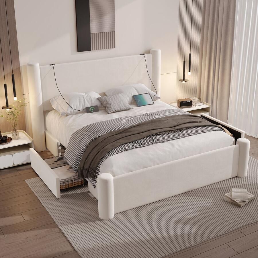 SINGULARITY-Bedframe 160x200 cm met modern design- 3D-kolomdesign- dik gevoerd hoofdbord- 2 opbergladen en geïntegreerde USB-poorten voor praktisch comfort en stijl in de slaapkamer- beige- zonder matras