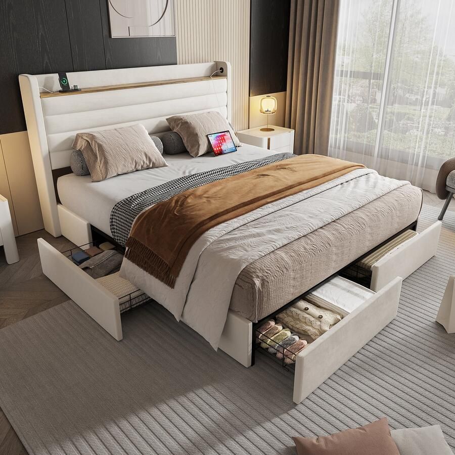 SINGULARITY-Bedframe- bedframe met fluwelen bekleding- hoofdbord met USB-aansluiting en opbergfunctie- 4 laden onderin het bedframe- 140 x 200 cm- beige- zonder matras