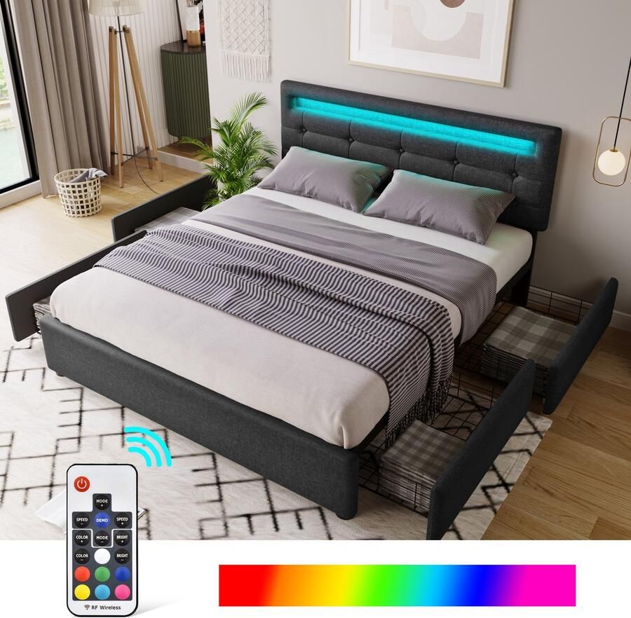 Merax Gestoffeerd bed met LED-verlichting en 4 lades tweepersoonsbed 140x200cm Verstelbaar hoofdeinde zwart zonder matras