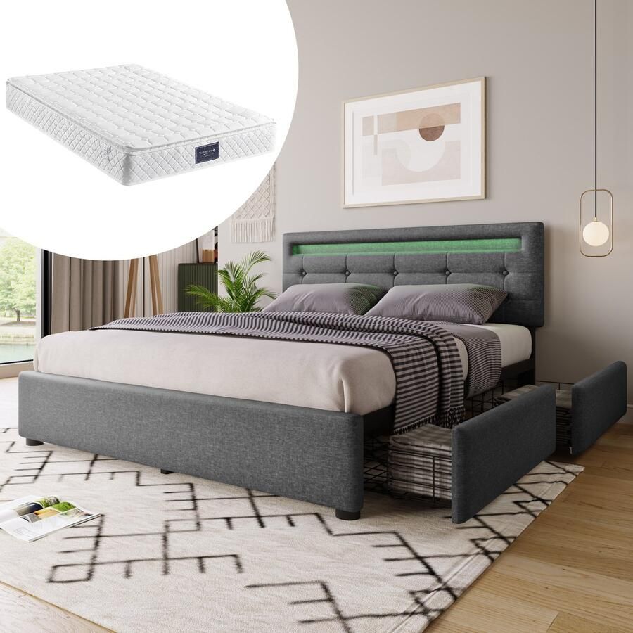 SINGULARITY-Bedframe met LED en 4 lades- inclusief matras- tweepersoons gestoffeerd bed 140x200cm- grijs