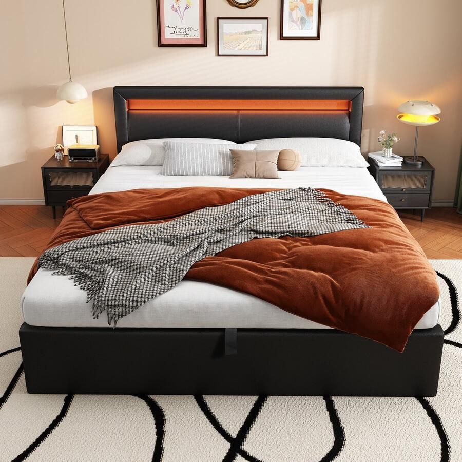 SINGULARITY-Gestoffeerd bed- 140 x 200 cm LED-bed- met lattenbodem en opbergruimte- met verlicht hoofdeinde in kleuren- zwart- zonder matras