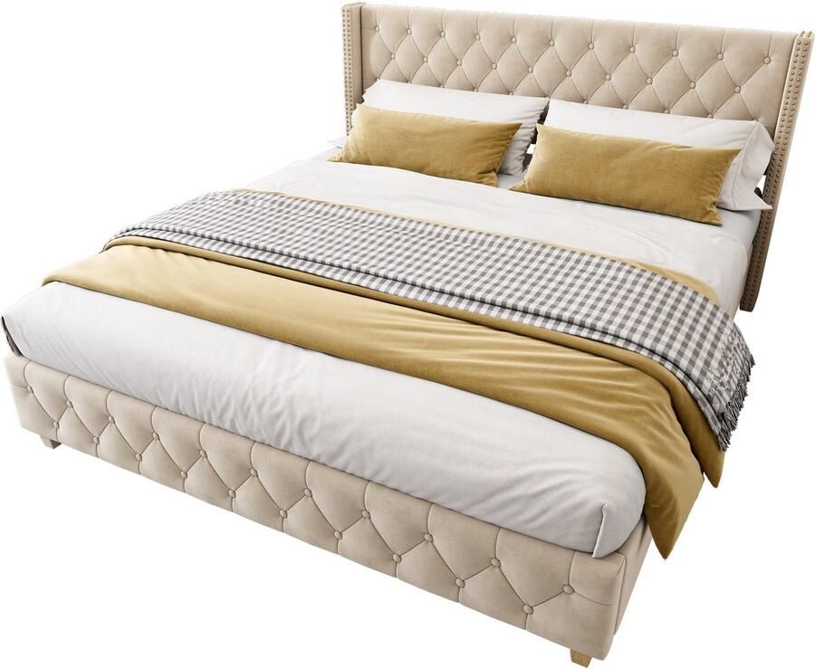 SINGULARITY-Gestoffeerd bed 180 x 200 cm met lattenbodem en hoofdbord- knoopbekleding- klinknagelbekleding- houten poten- fluweel- lichtbeige- zonder matras