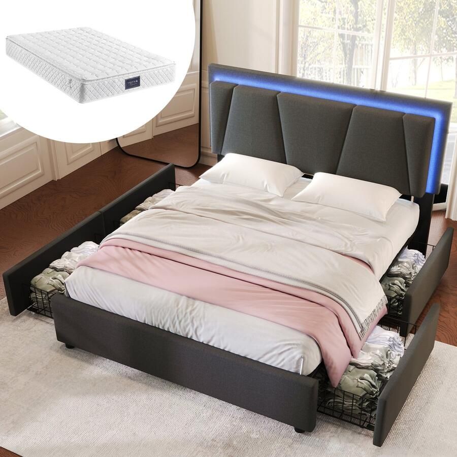 SINGULARITY-Gestoffeerd bed met LED en 4 lades- in hoogte verstelbaar hoofdeinde- tweepersoonsbed 140x200cm opbergbedden bedframe- grijs met matras