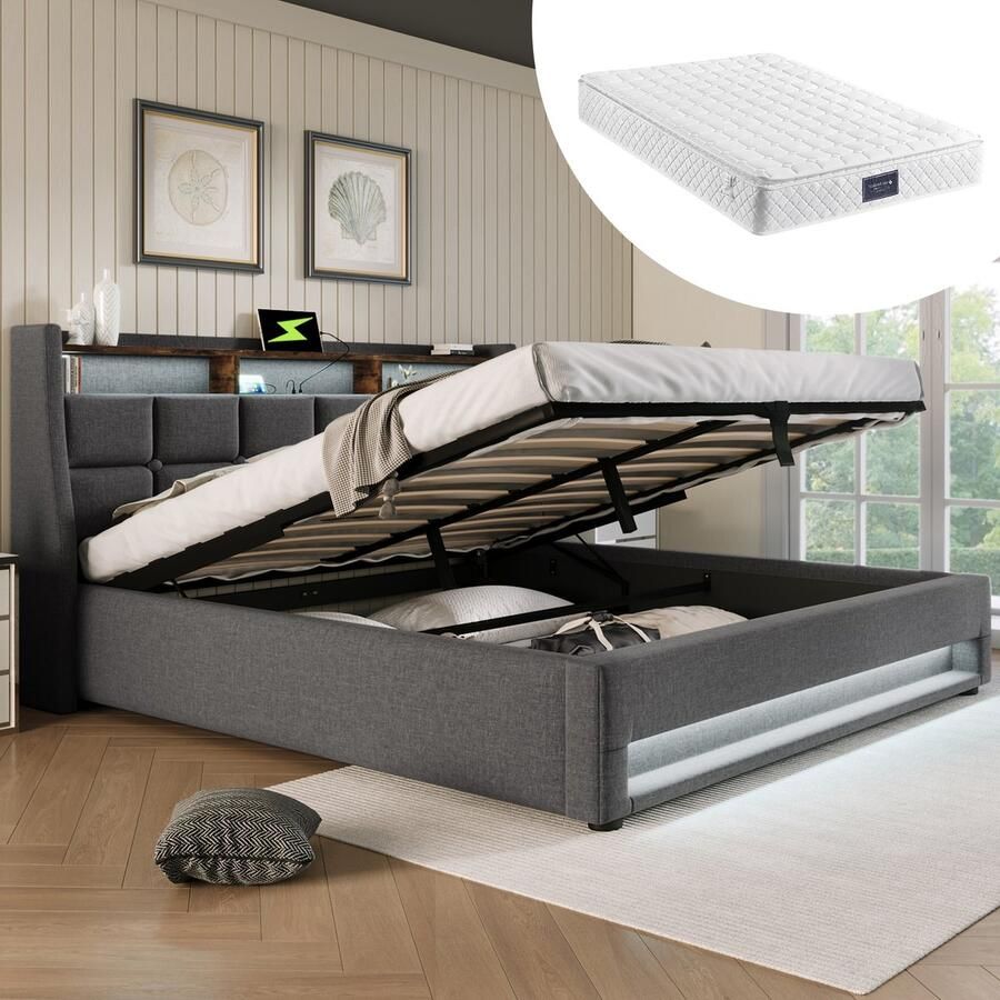 Singularity -Gestoffeerd bed met USB 140x200cm- LED tweepersoonsbed met lattenbodem van metalen frame- bedframe van linnen materiaal jeugdbed met matras