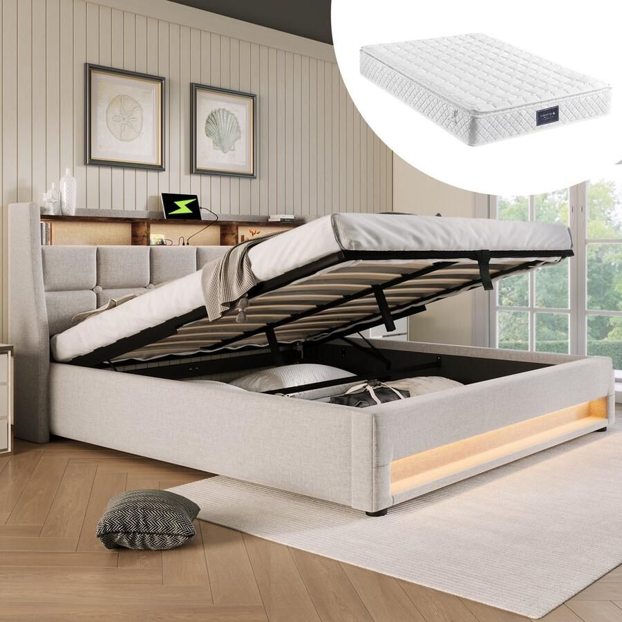 SINGULARITY-Gestoffeerd bed met USB 160x200cm- LED tweepersoonsbed met lattenbodem van metalen frame- bedframe van linnen materiaal jeugdbed met matras
