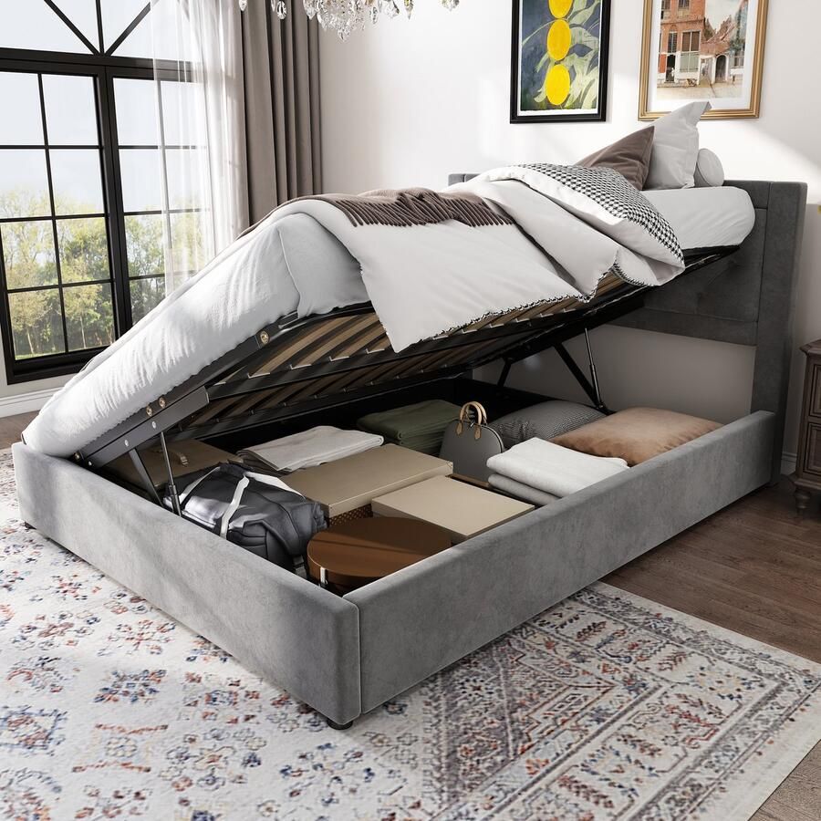 Merax Gestoffeerd bed Opbergbed met links en rechts hefbaar bed Tweepersoonsbed 140 x 200 cm Grijs