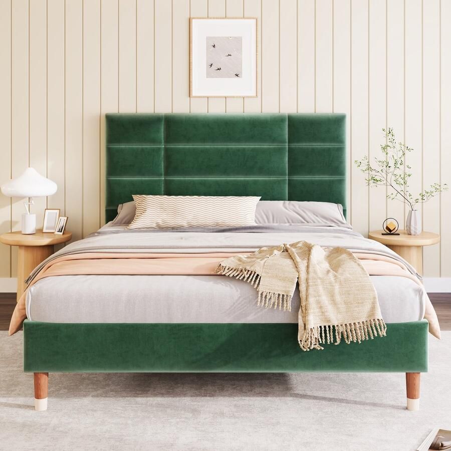 SINGULARITY-Gestoffeerd bed- tweepersoonsbed- 140x200cm gestoffeerd bedframe met hoofdbord- in donkergroen fluweel- matras niet inbegrepen- Zonder matras