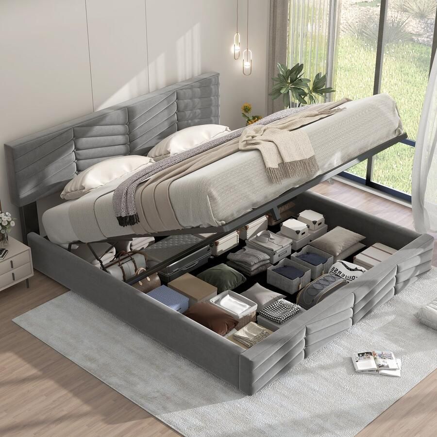 SINGULARITY-Gestoffeerd bed- tweepersoonsbed- hydraulisch functioneel bed- fluweel- gestreepte stijl- continentaal bed- in hoogte verstelbaar hoofdeinde- 180 x 200- grijs- zonder matras