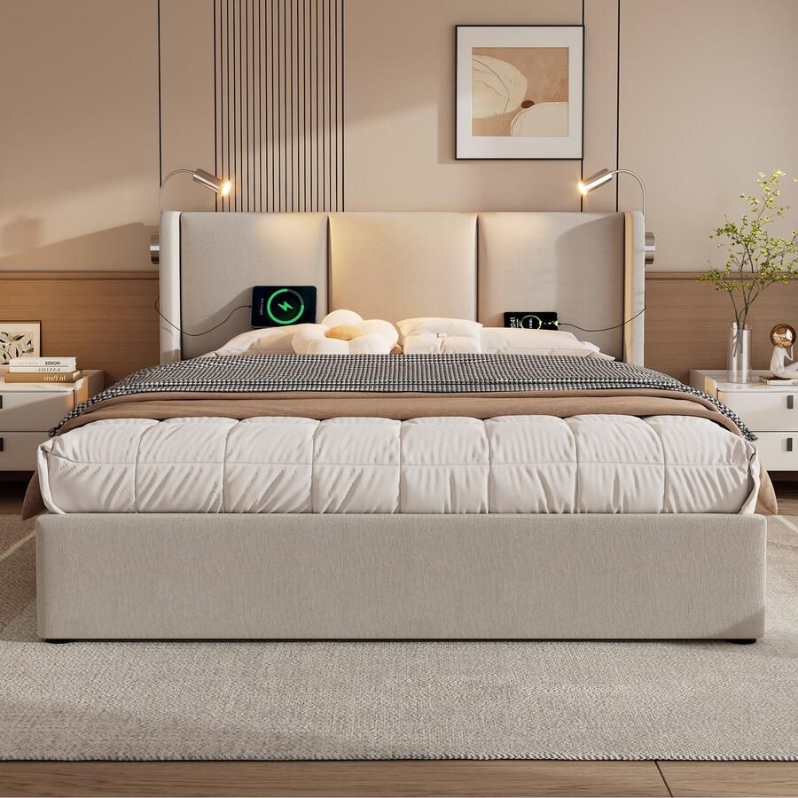 Merax Polsterbed Dubbelbed 160x200cm Opbergruimte USB leeslamp linnen lattenbodem (zonder matras)