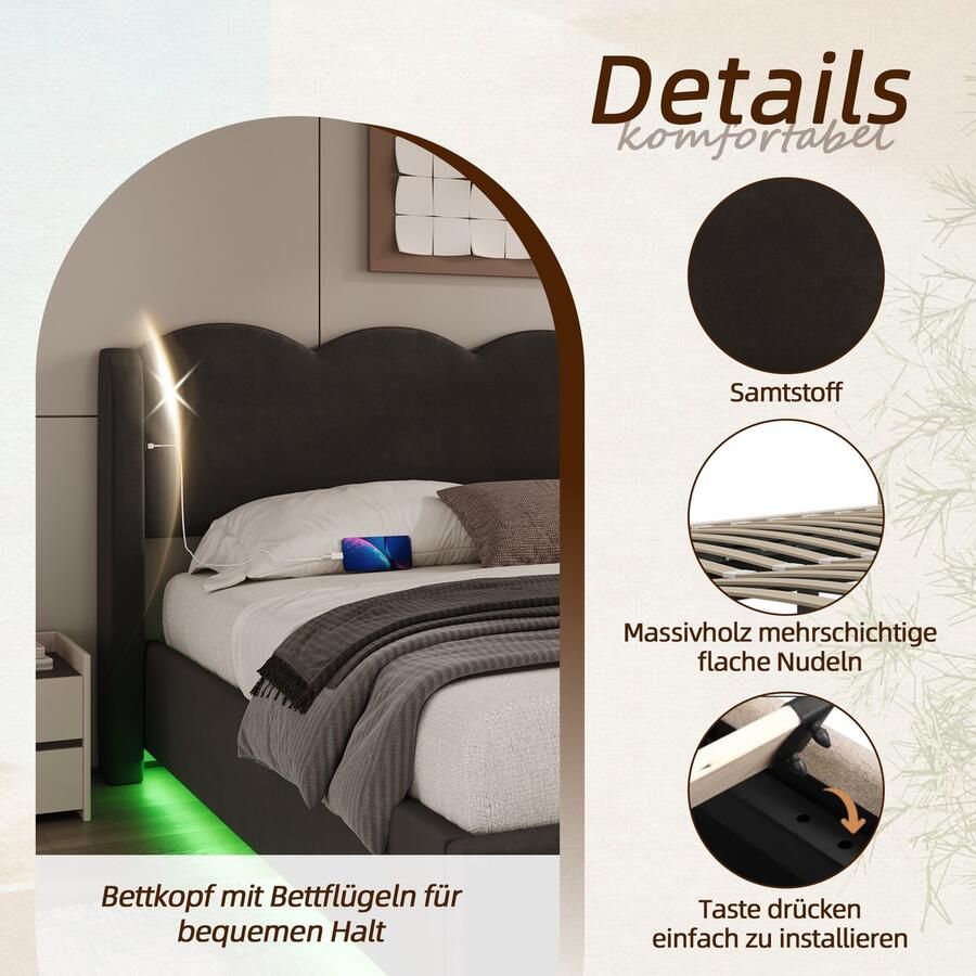SINGULARITY-Gestoffeerd bedframe- golfvormig plat bedframe met noedelframe- geschikt voor tweepersoonsbed- met ledverlichting- USB+C-interface voor opladen en veel opbergruimte- fluwelen stof (zwart 160 cm x 200 cm)- zonder matras