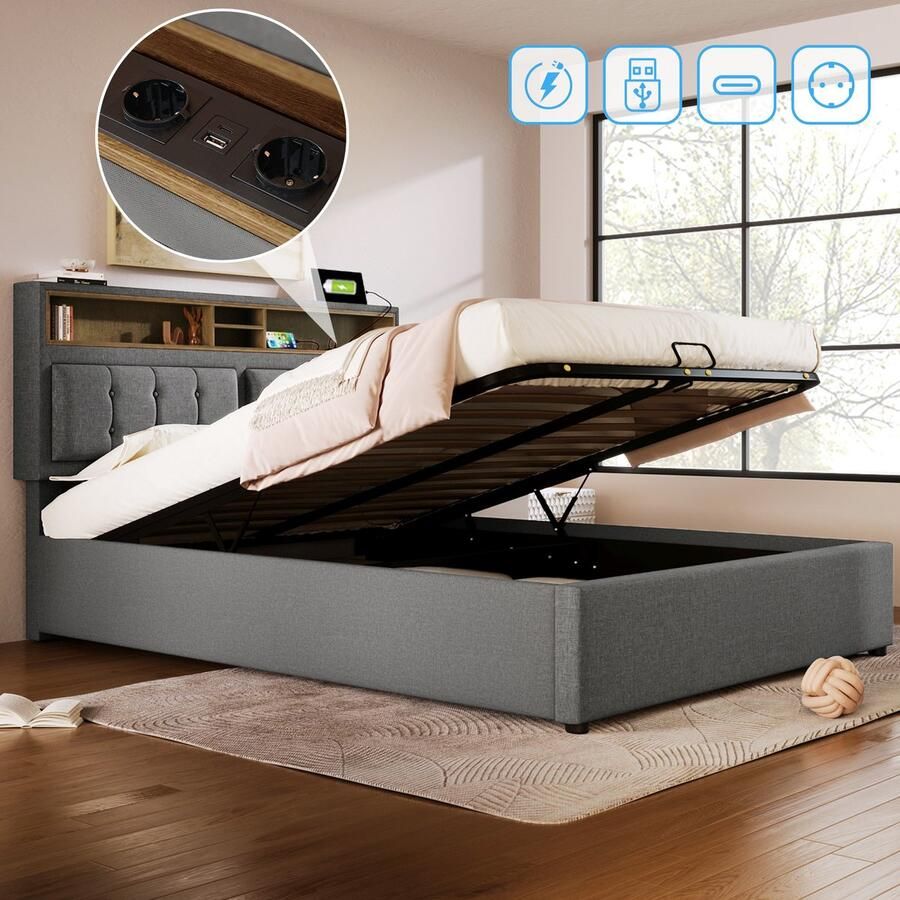 SONNENH Polsterbed Dubbelbed-140x200-Bedframe van linnenmateriaal-Met USB C stopcontact oplaadfunctie hoofdgedeelte-Opbergbed met lattenbodem (Zonder matras)