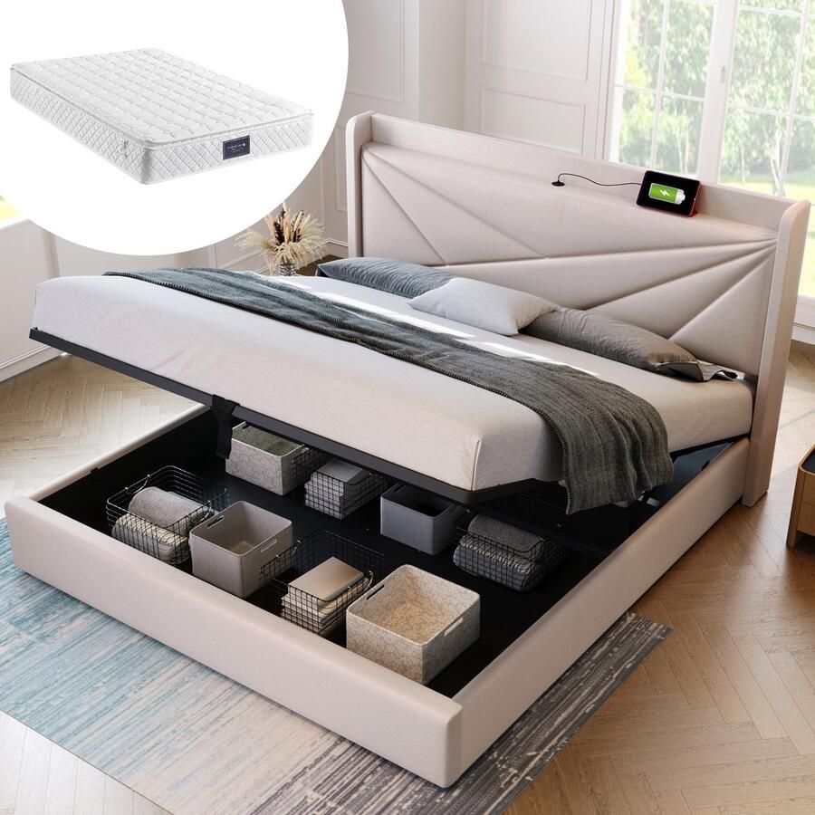SONNENH Polsterbed 140x200 Opbertruimte bedkist Oplaadfunktie USB type C Lederen hoofdeinde Inclusief matras en lattenbodem