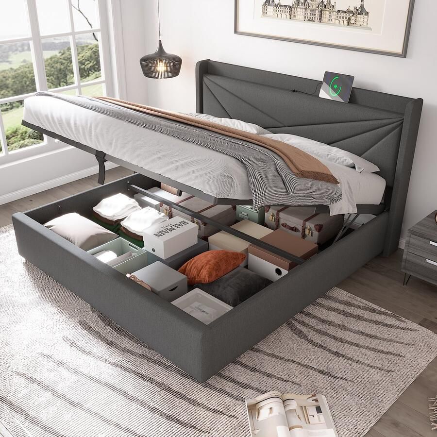 Merax Gestoffeerd Tweepersoonsbed 160x200 cm Bed met Opbergruimte en USB Type-C Bedframe van Katoen Linnen Grijs