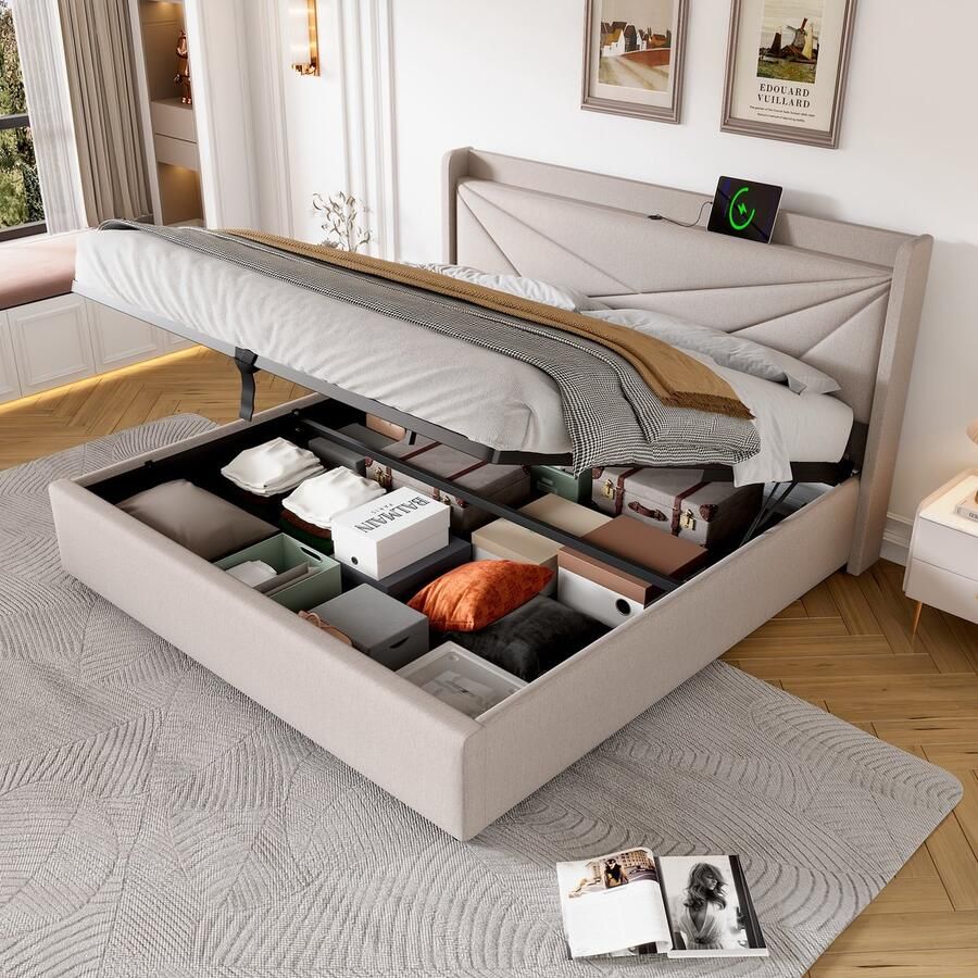 SONNENH Polsterbed 180x200 Opbergbox onder bed Oplaadfunctie met USB Type C Stoffen bedframe inclusief lattenbodem