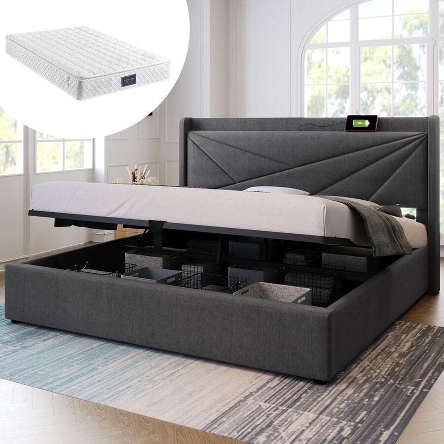 SONNENH Stauraumbed – 140x200 – USB Type-C oplaadfunctie – Lederen bedframe – Met matras en lattenbodem