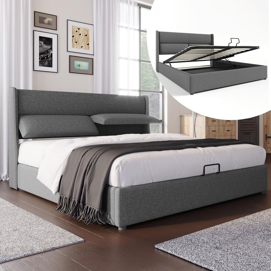 SINGULARITY-Gestoffeerd tweepersoonsbed met verstelbare hoofdsteunen- opbergbedden- bedframe van linnen- jeugdbed 140x200- zonder matras