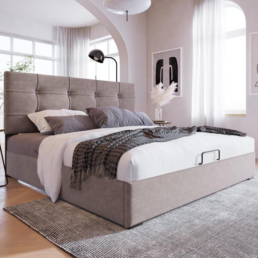 SINGULARITY-Hydraulisch gestoffeerd tweepersoonsbed 140x200cm- verstelbaar hoofdeinde- fluweel- modern bedframe met opbergruimte- lichtgrijs- zonder matras
