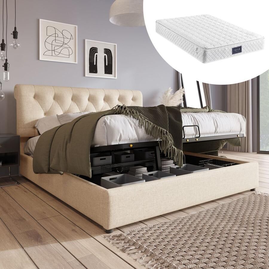 Singularity -Gestoffeerd bed 140x200cm- tweepersoonsbed met lattenbodem van metalen frame- bedframe met opbergruimte- naturel- inclusief matras