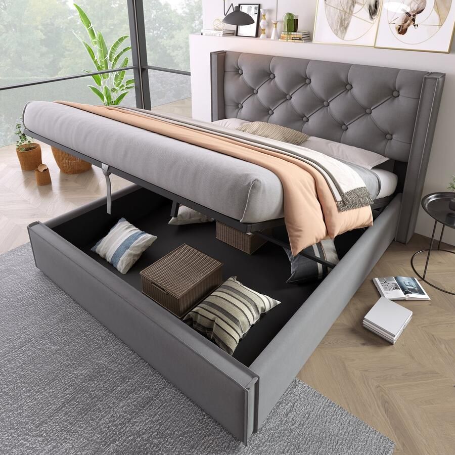 SINGULARITY-Hydraulisch tweepersoonsbed gestoffeerd bed 140x200cm- bed met lattenbodem van metalen frame- modern bedframe met opbergruimte- grijs- zonder matras
