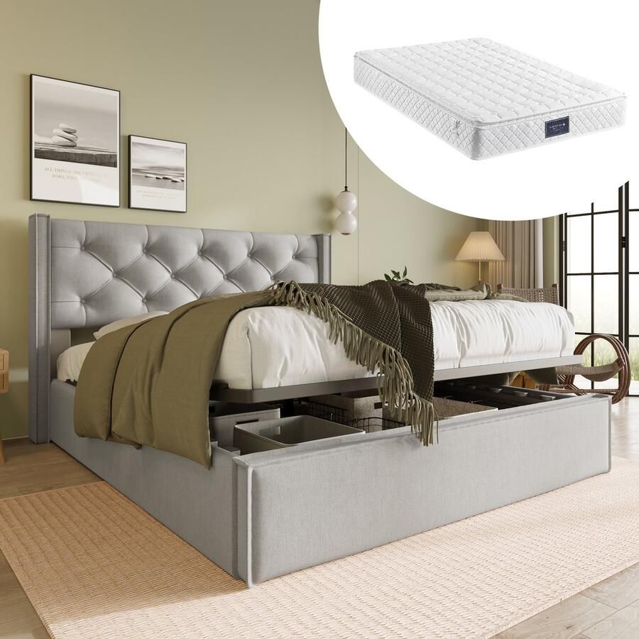 SINGULARITY-Hydraulisch tweepersoonsbed gestoffeerd bed 140x200cm- modern bedframe met opbergruimte- lichtgrijs met matras