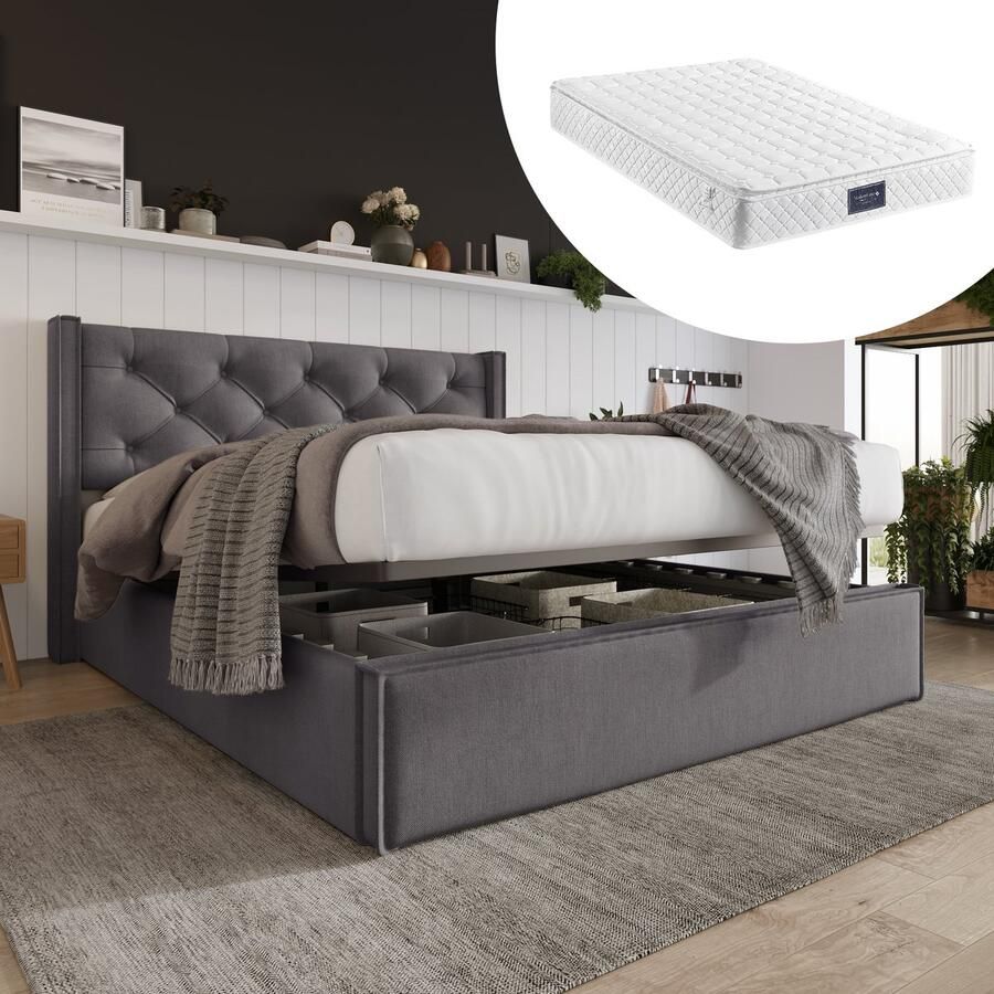 SINGULARITY-Hydraulisch tweepersoonsbed gestoffeerd bed 160x200cm- modern bedframe met opbergruimte- grijs met matras