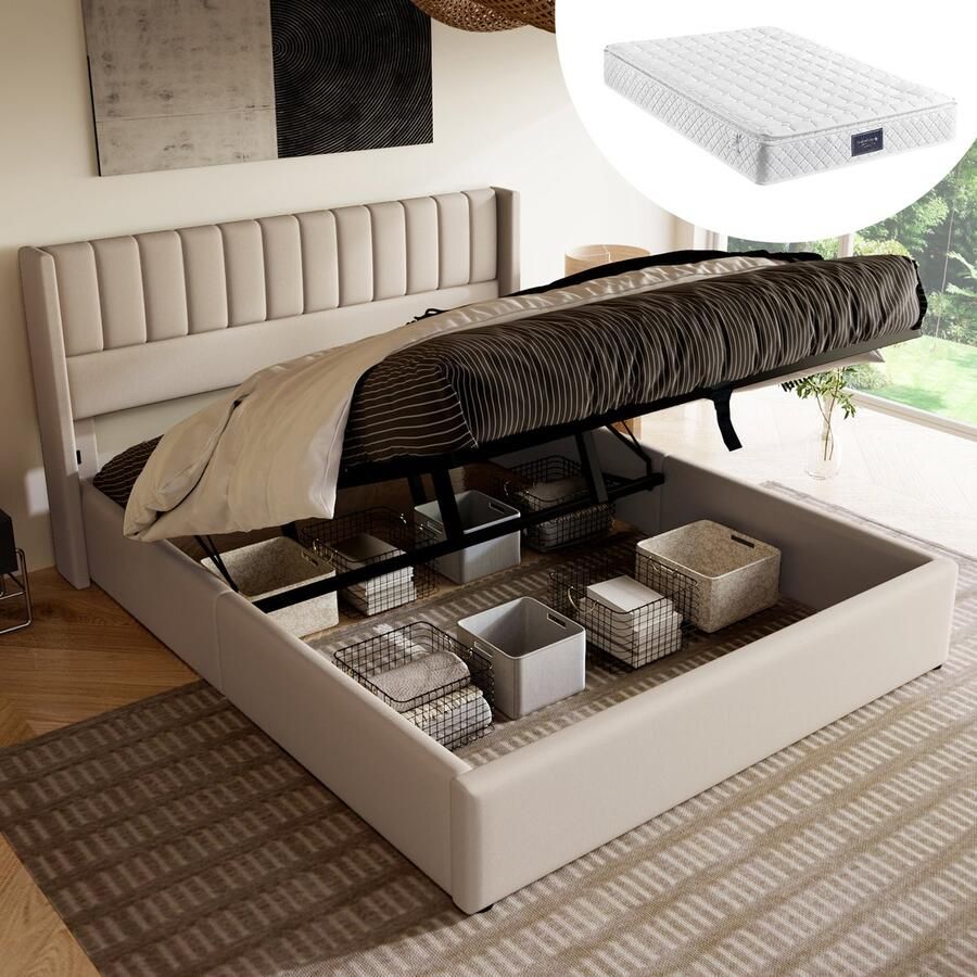 SINGULARITY-Opbergbed gestoffeerd bed hydraulisch tweepersoonsbed 160x200cm- bed met lattenbodem van metaal- linnen- beige met matras