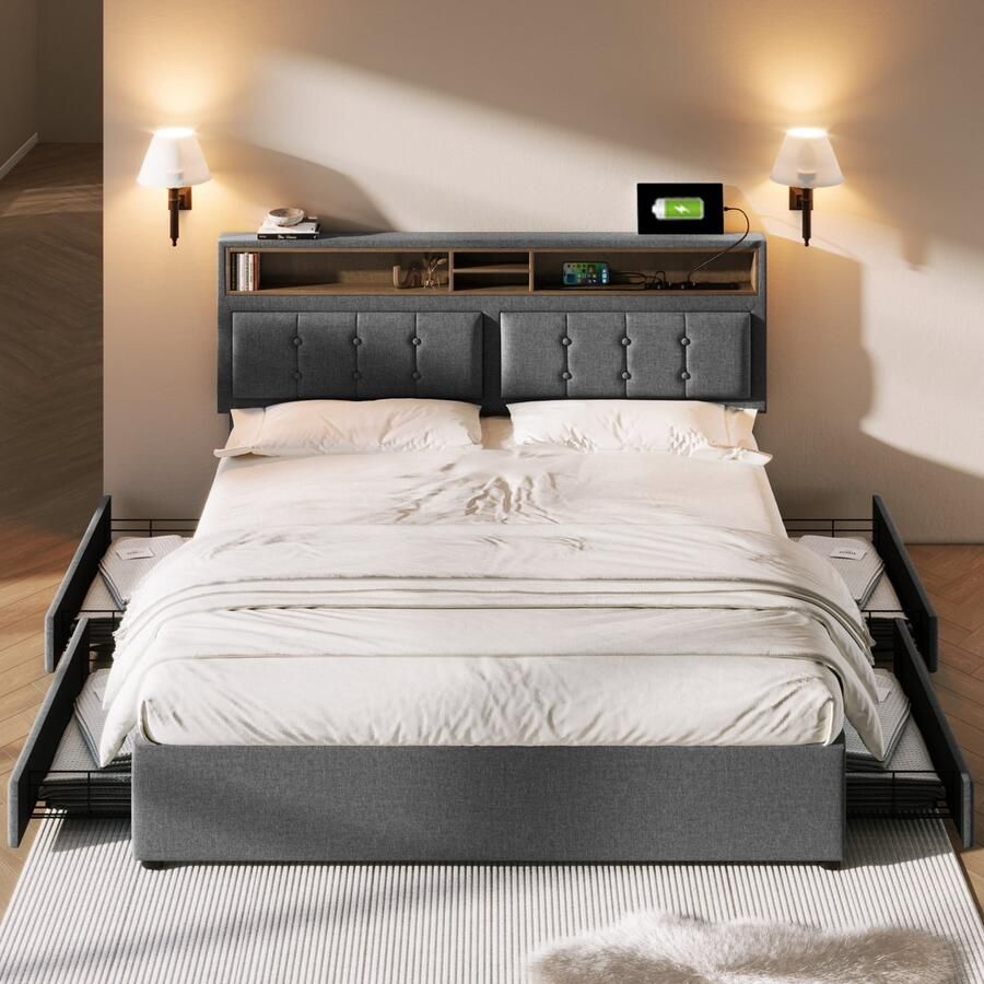 SINGULARITY-Tweepersoonsbed met 4 lades en USB-C-aansluiting- gestoffeerd bed 140x200 cm- in hoogte verstelbaar hoofdeinde- houten lattenbodem. Zonder matras
