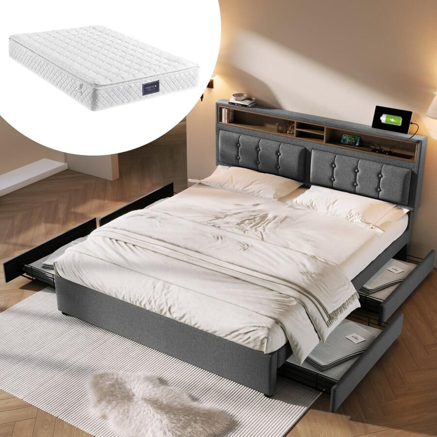 SINGULARITY-Tweepersoonsbed met 4 lades & USB C-aansluiting- gestoffeerd bed 160x200cm- in hoogte verstelbaar hoofdeinde- houten lattenbodem (met matras)