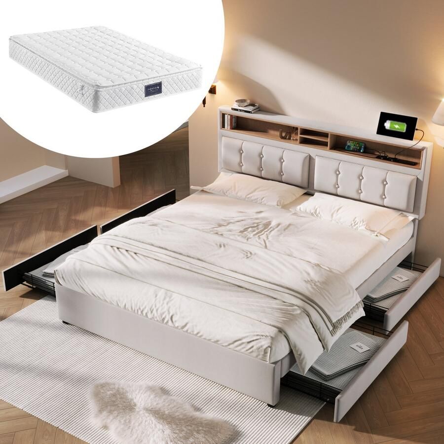 SINGULARITY-Tweepersoonsbed met 4 lades & USB C-aansluiting- gestoffeerd bed 160x200cm- in hoogte verstelbaar hoofdeinde- houten lattenbodem (met matras) - Foto 2