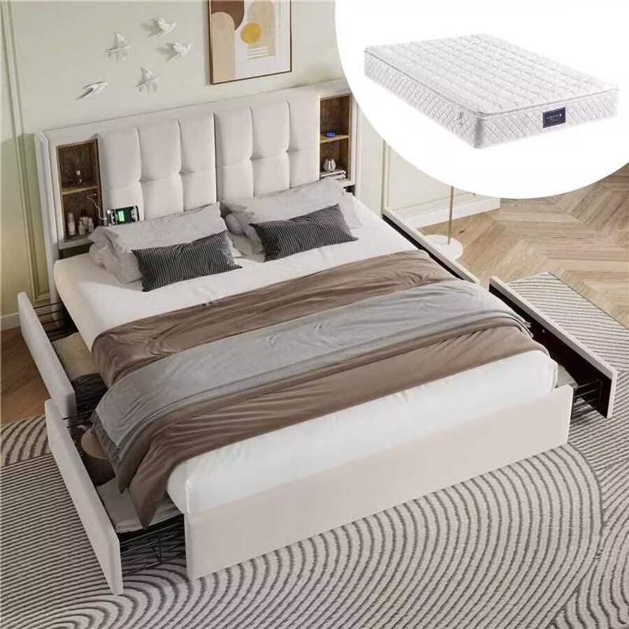 SINGULARITY-Tweepersoonsbed met draadloos opladen USB C & 4 lades- gestoffeerd bedframe 160x200cm- lattenbodem van hout-beige fluweel met matras