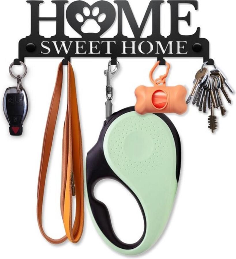 SirHoldeer Sleutelhouder Muur Haak voor Hondenriem Sleutelrekje Klein Hond Kapstok Sleutelhaken voor Muurstok Metalen Decoratie Zwart Sleutelbord Home Sweet Home Wandhaken - Foto 2