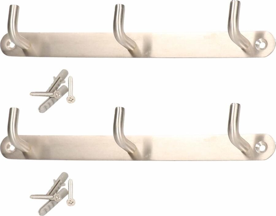 2x Luxe kapstokken jashaken zilver met 3 jashaken RVS 3 5 x 22 cm wandkapstokken garderobe haakjes deurkapstokken
