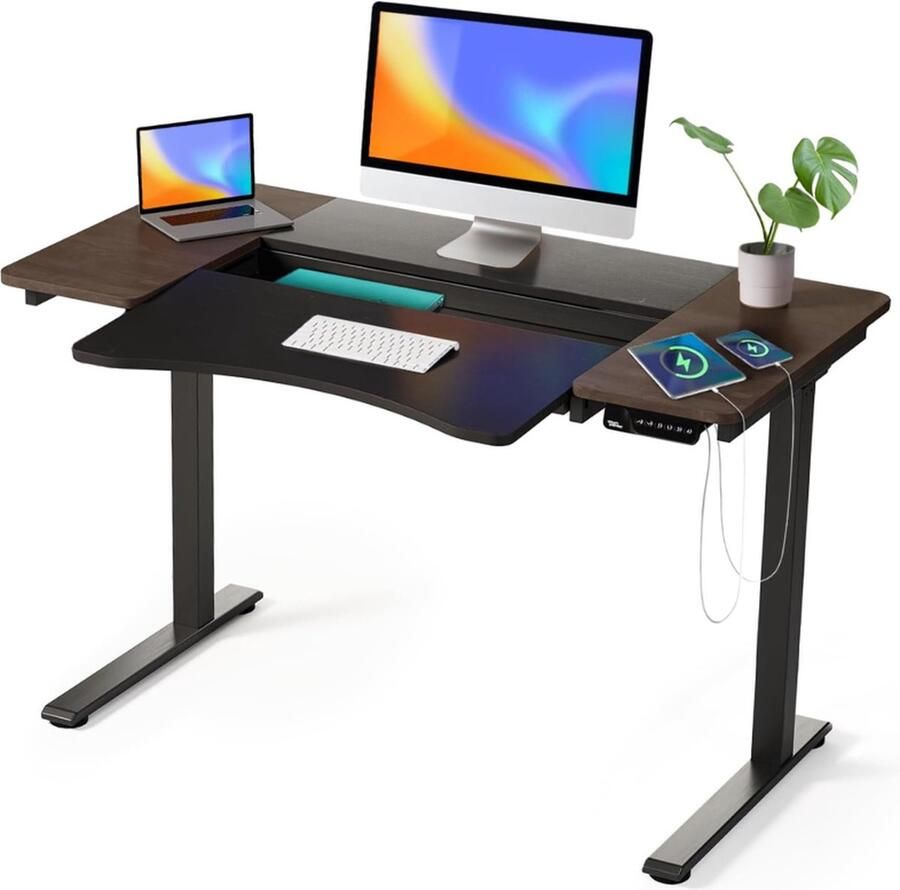 Sit Stand Bureau Elektrisch In Hoogte Verstelbaar Zit Sta Bureau voor Thuiswerk Toetsenbordsteun USB Oplaadfunctie USB C en Opbergruimte Zwart