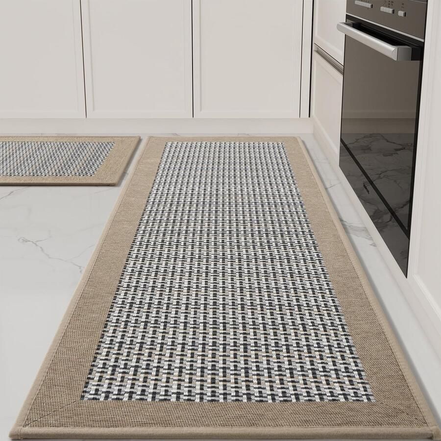 SIXHOME 40 * 60 + 40 * 120cm Keukenmat Wasbaar Sisal Look Geweven Keukenmat Antislip 2 Stuks Absorberend Tapijt Bruin