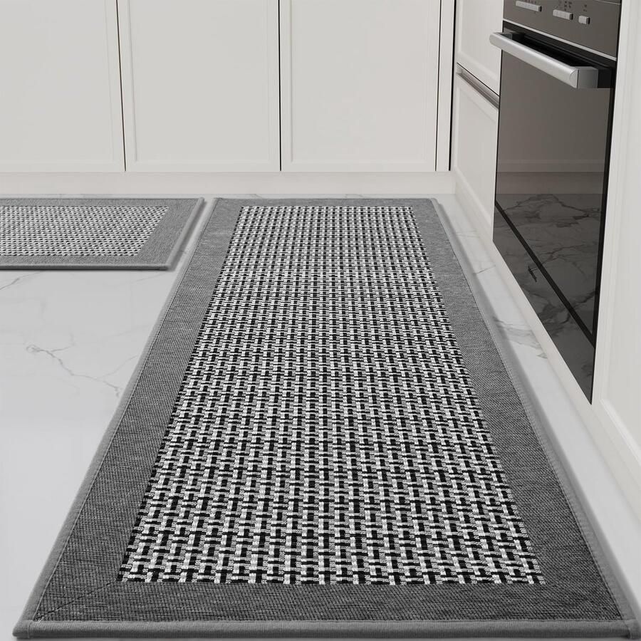 SIXHOME 40 * 60 + 40 * 120cm Keukenmat Wasbaar Sisal Look Geweven Tapijt Keuken Antislip Absorberend Tapijtloper Grijs