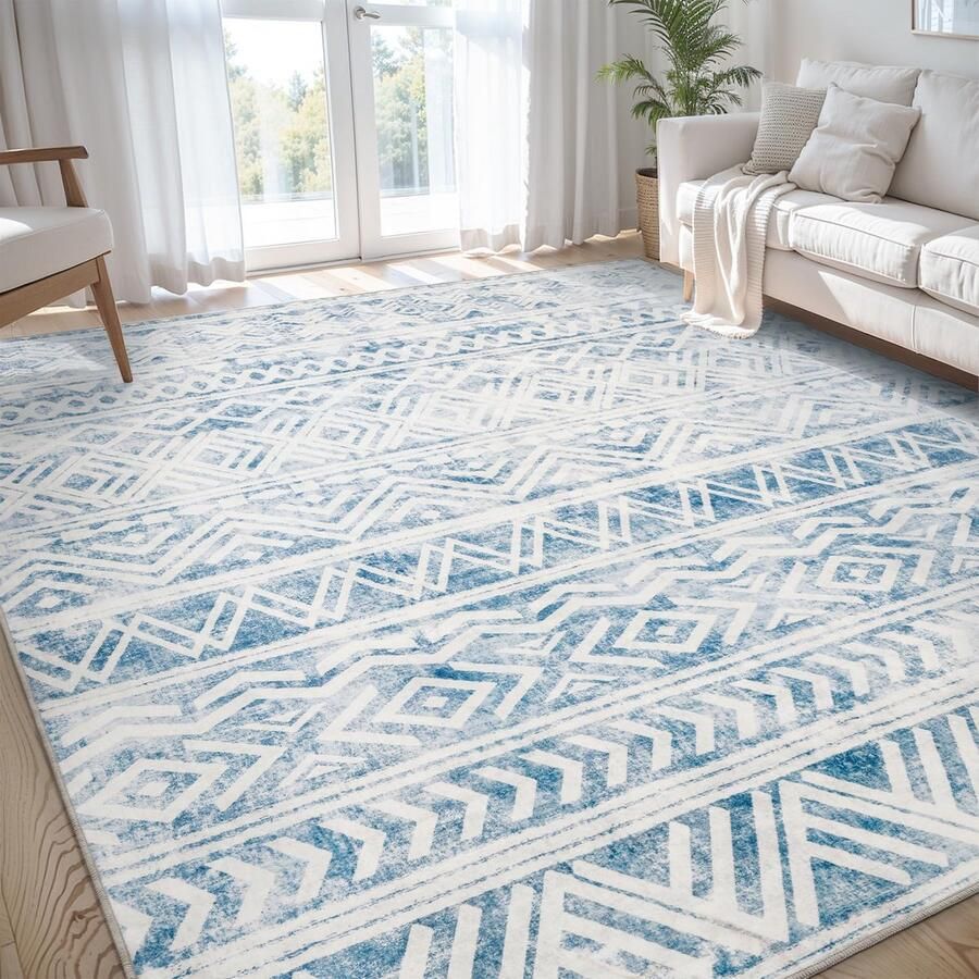 SIXHOME Blauwe 240 * 300cm Vloerkleden voor de Woonkamer Neutrale Boho Vloerkleed Wasbaar Antislip Modern Geometrisch Vloerkleed voor Slaapkamer Eetkamer Speelkamer