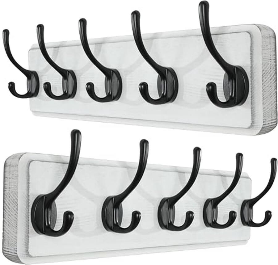 SKOLO kapstok hout wit (2 stuks) 44 cm lange houten kapstokhaak wand rustieke stijl stabiele kapstokhaak met 5 haken