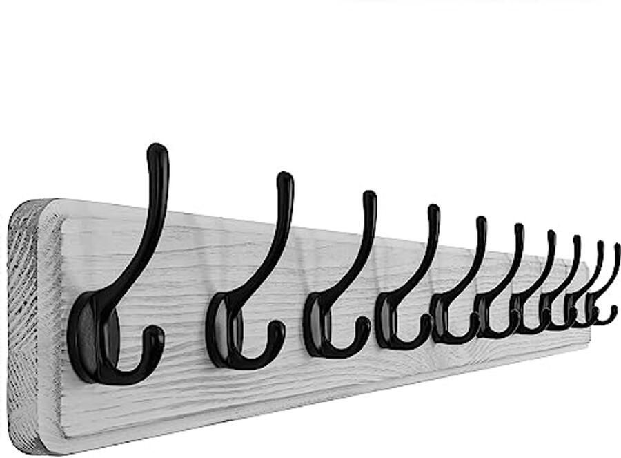 SKOLO kapstok hout wit 98 cm lange houten kapstokhaak muur rustieke stijl stabiele kapstokhaak met 10 haken