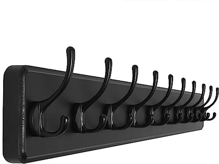 SKOLO zwarte houten kapstok 98 cm lange houten kapstokhaak aan de muur rustieke stijl stabiele kapstokhaak met 10 haken