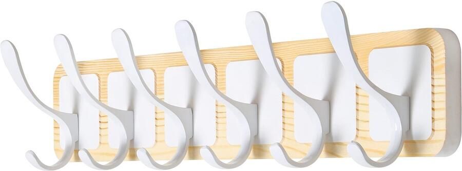 SKOLOO Houten kapstok in Scandinavische stijl gegraveerd ontwerp wandkapstok met 6 haken voor het ophangen van kleding jassen hoeden jacks wit op naturel